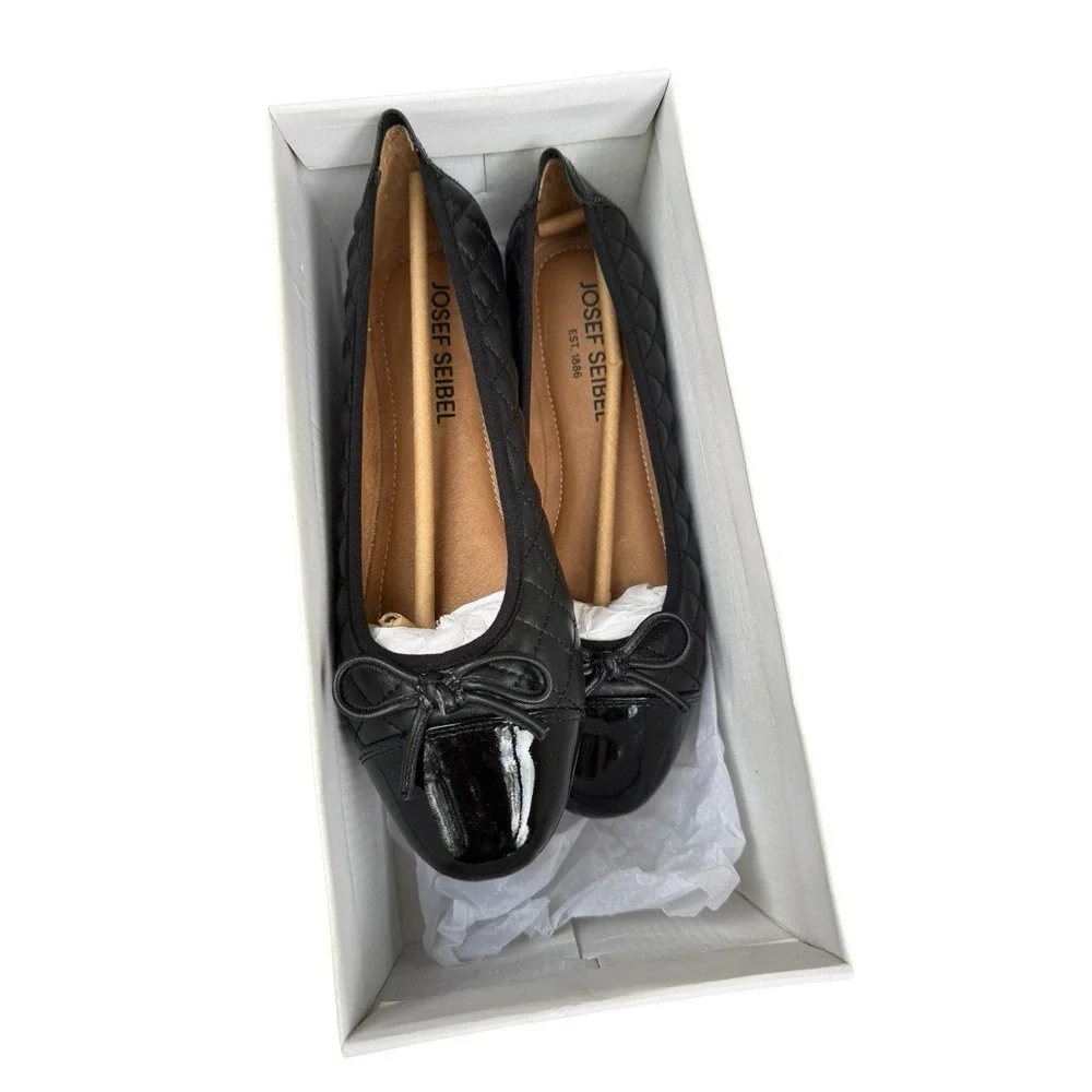 Josef Seibel Pippa Ballet Flats Quilted Leather Patent Cap Toe Black 6.5 NWB